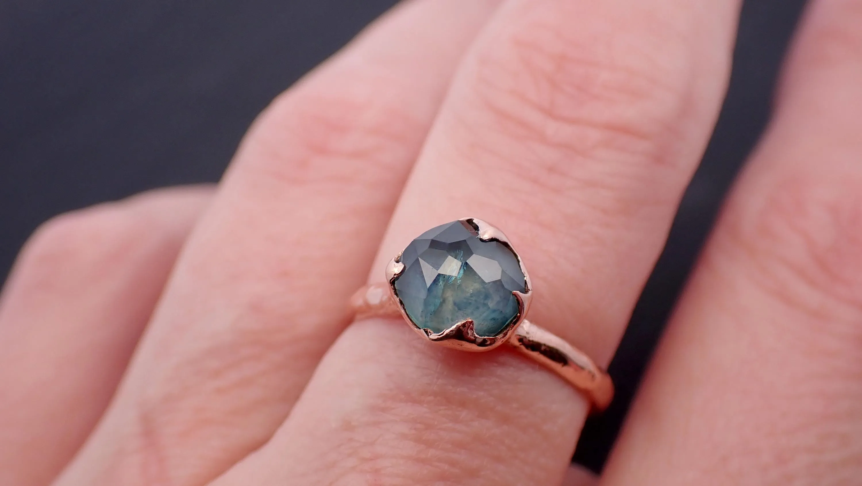 Partially Faceted Montana blue Sapphire Rose gold Solitaire Ring Gold Gemstone Engagement Ring 3542
