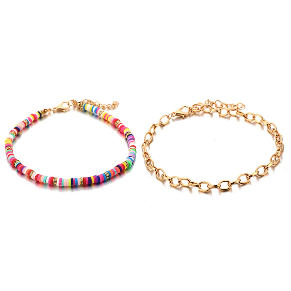 Pastel & 18K Gold-Plated Cable Chain & Beaded Anklet Set