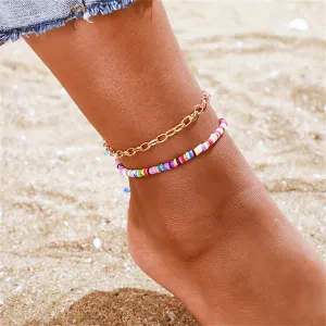 Pastel & 18K Gold-Plated Cable Chain & Beaded Anklet Set