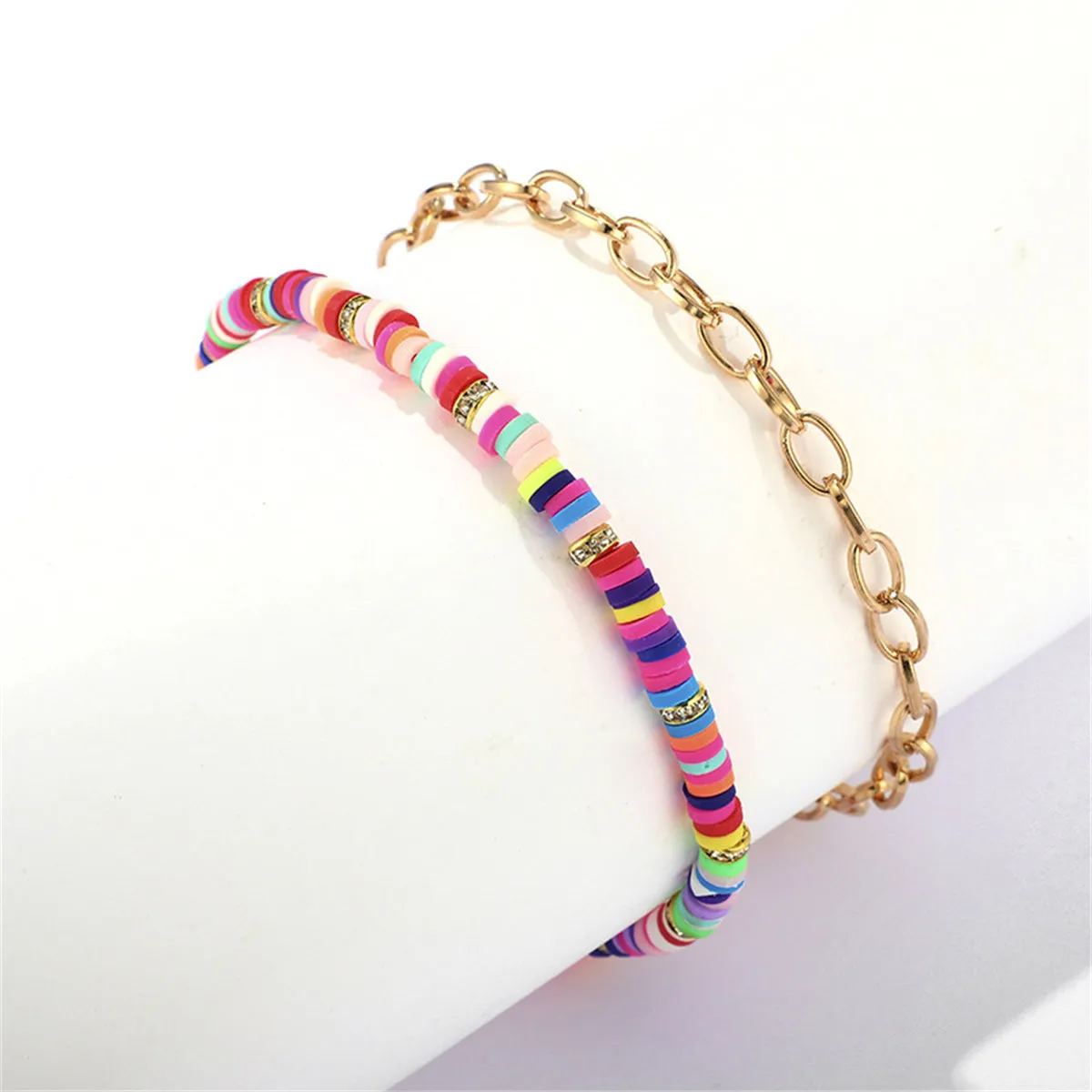 Pastel & 18K Gold-Plated Cable Chain & Beaded Anklet Set