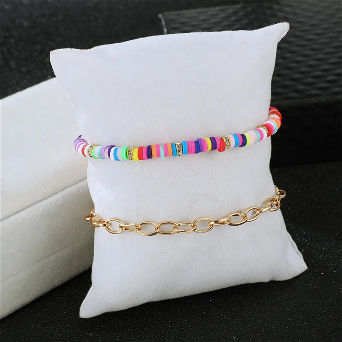 Pastel & 18K Gold-Plated Cable Chain & Beaded Anklet Set
