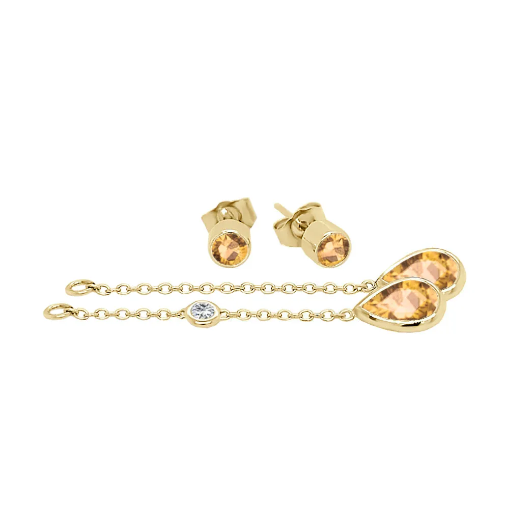 Pear Shape Gemstone & 0.04Ct Diamond Mismatched Earring Set in 14K Gold