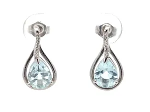 Pear Shaped Aquamarine and Diamond Drop Earrings in 14K White Gold 
