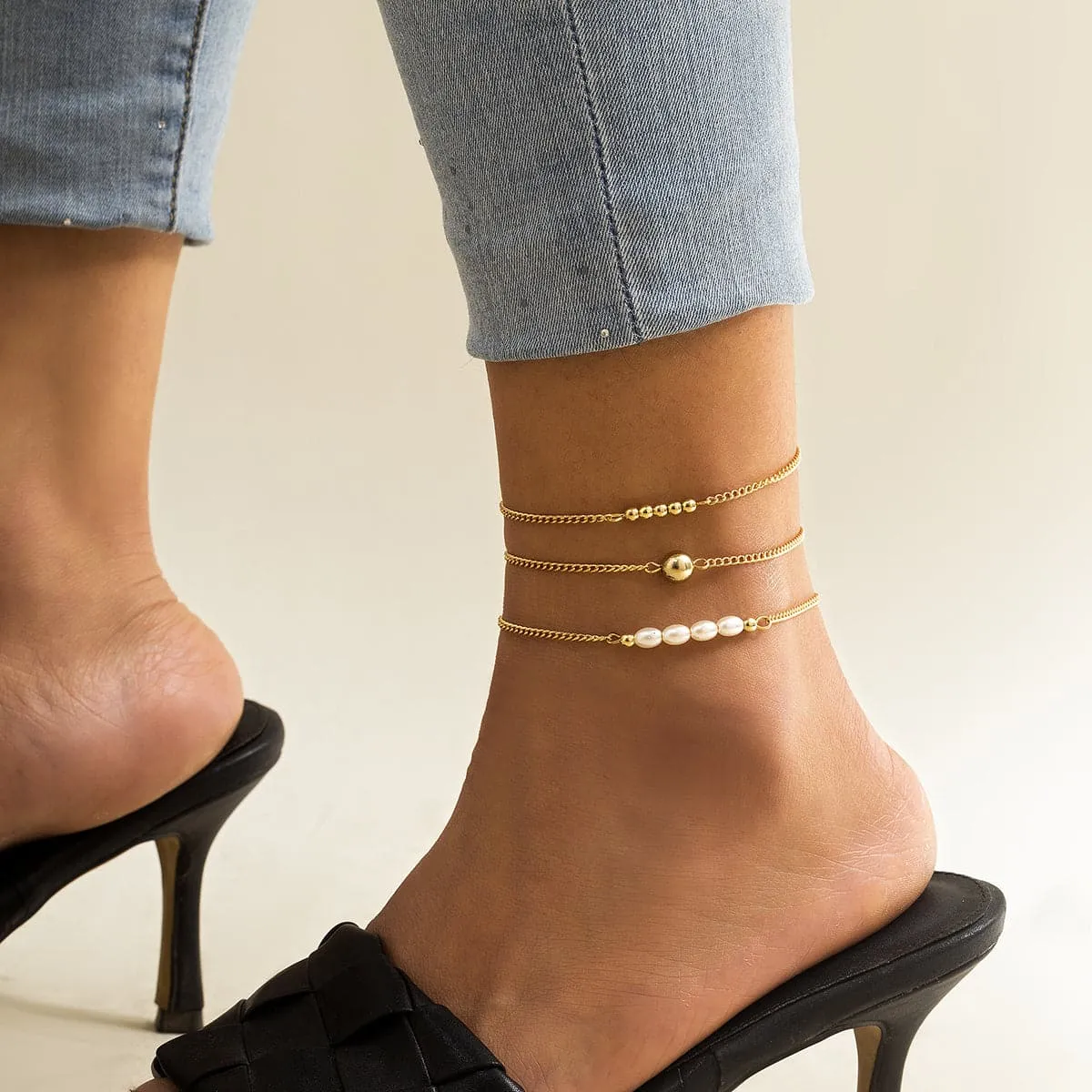 Pearl & 18K Gold-Plated Beaded Anklet Set