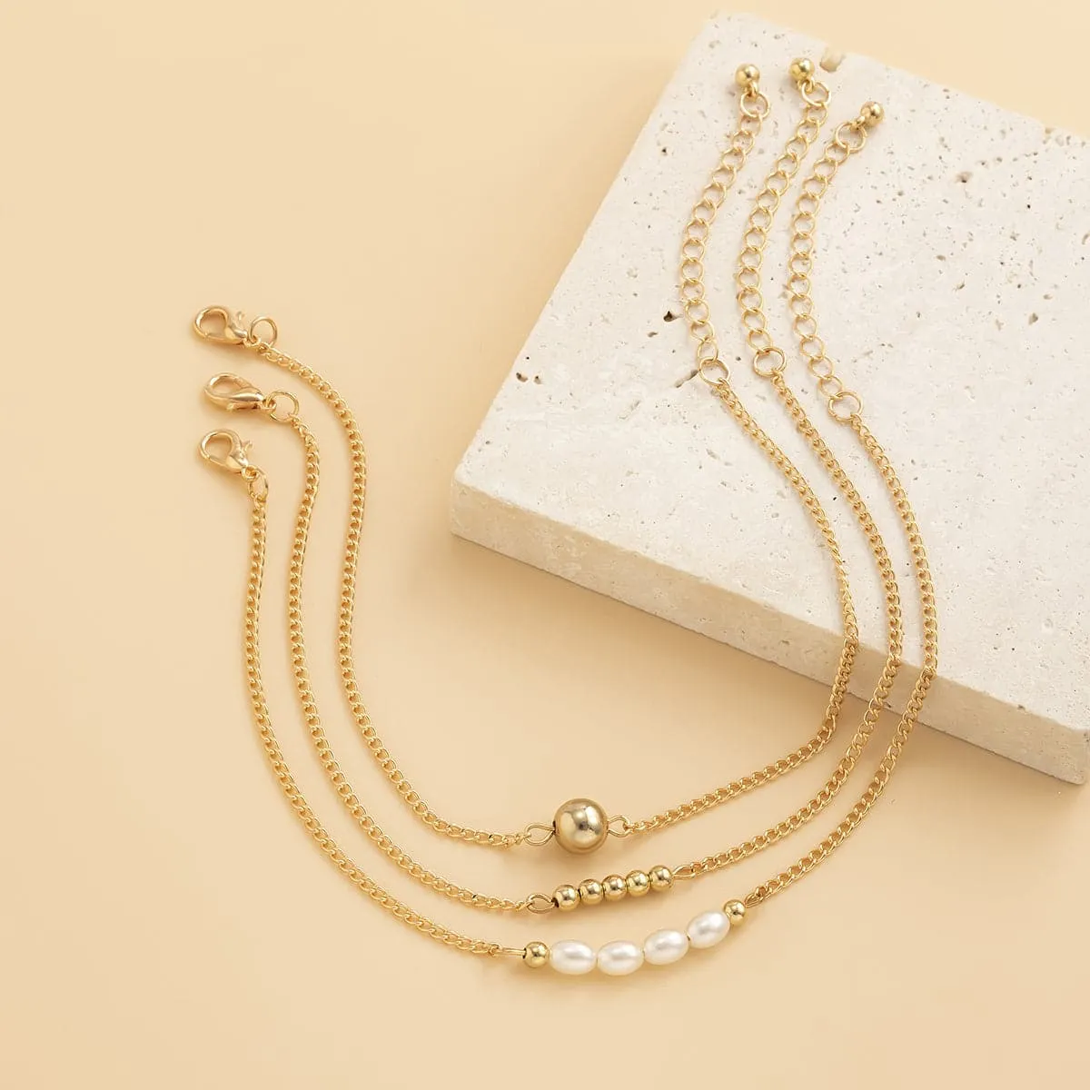 Pearl & 18K Gold-Plated Beaded Anklet Set