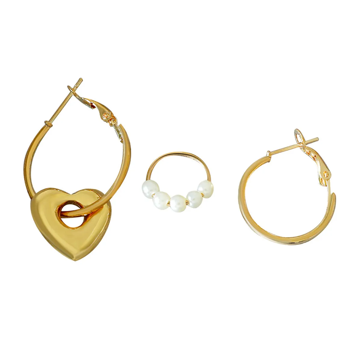 Pearl & 18K Gold-Plated Heart Huggie Earrings Set