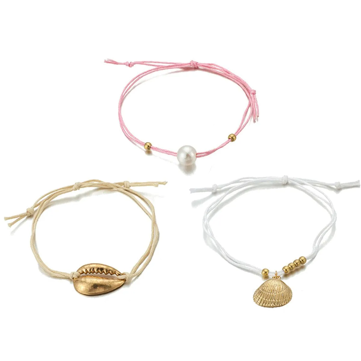 Pearl & 18K Gold-Plated Seashell Charm Anklet Set