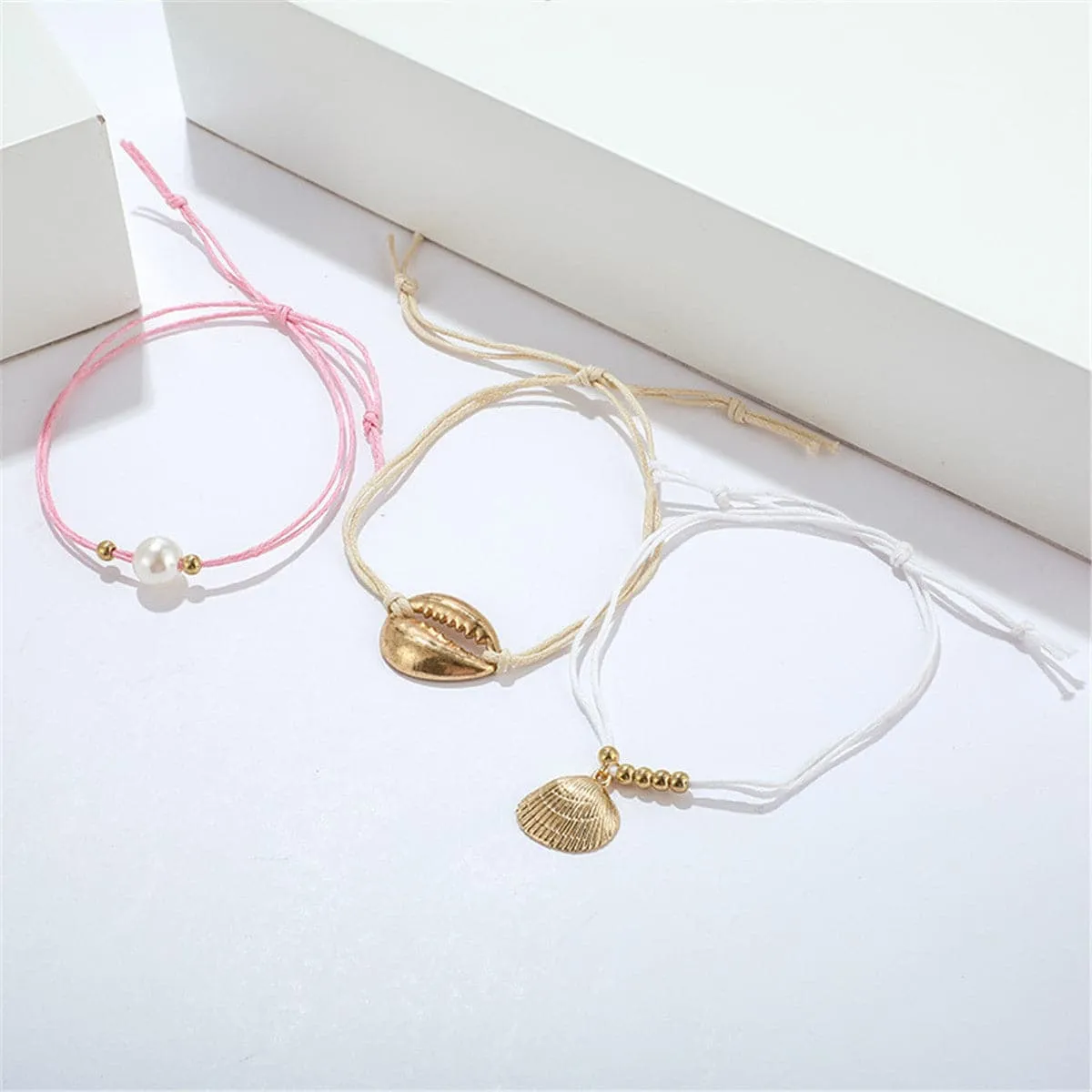Pearl & 18K Gold-Plated Seashell Charm Anklet Set