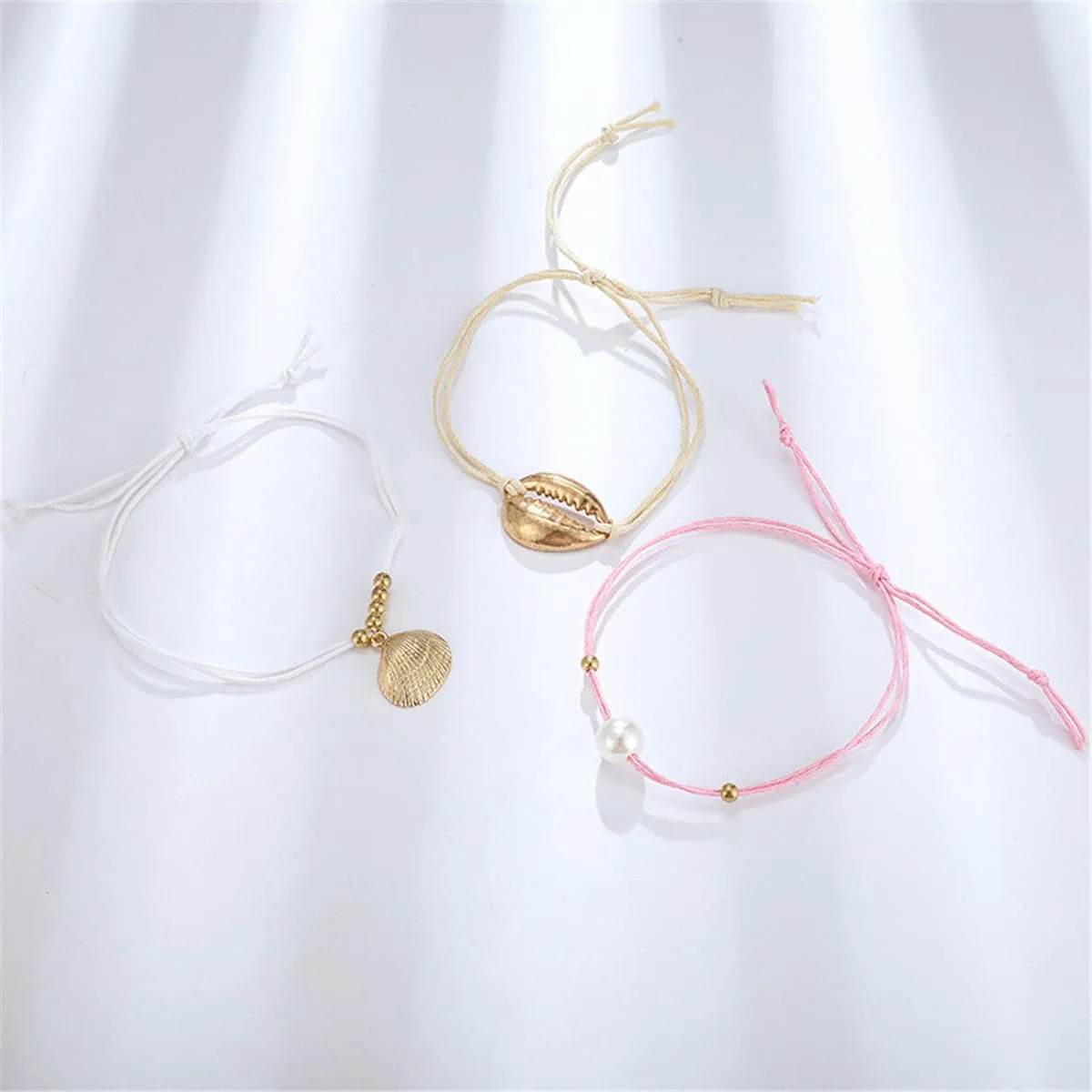 Pearl & 18K Gold-Plated Seashell Charm Anklet Set