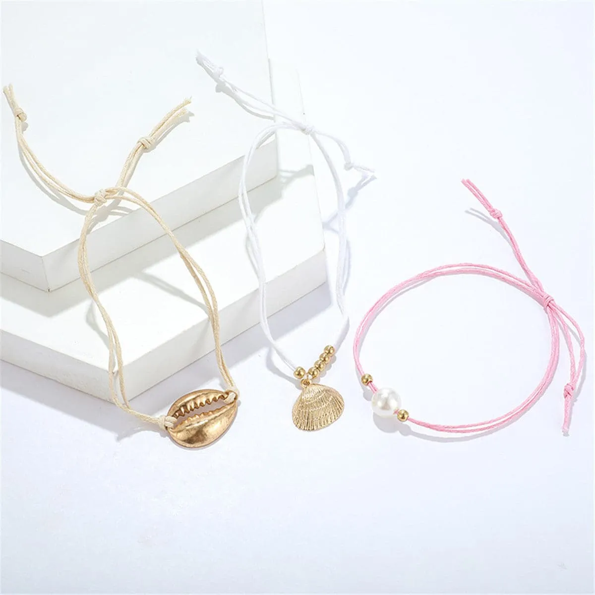 Pearl & 18K Gold-Plated Seashell Charm Anklet Set