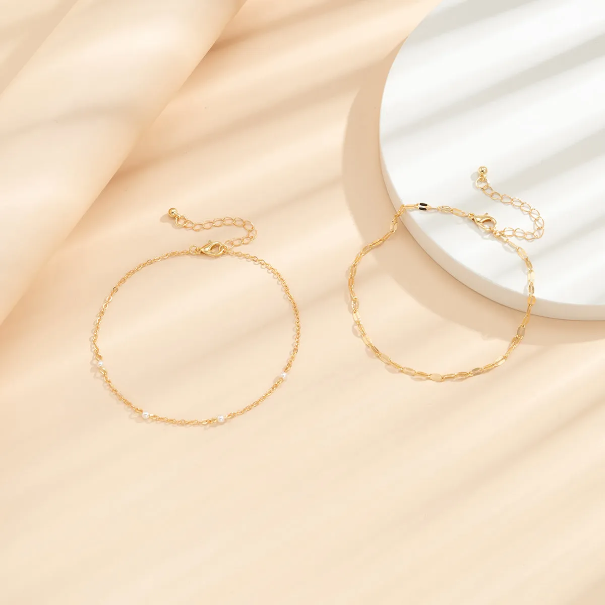 Pearl & 18K Gold-Plated Station Anklet Set