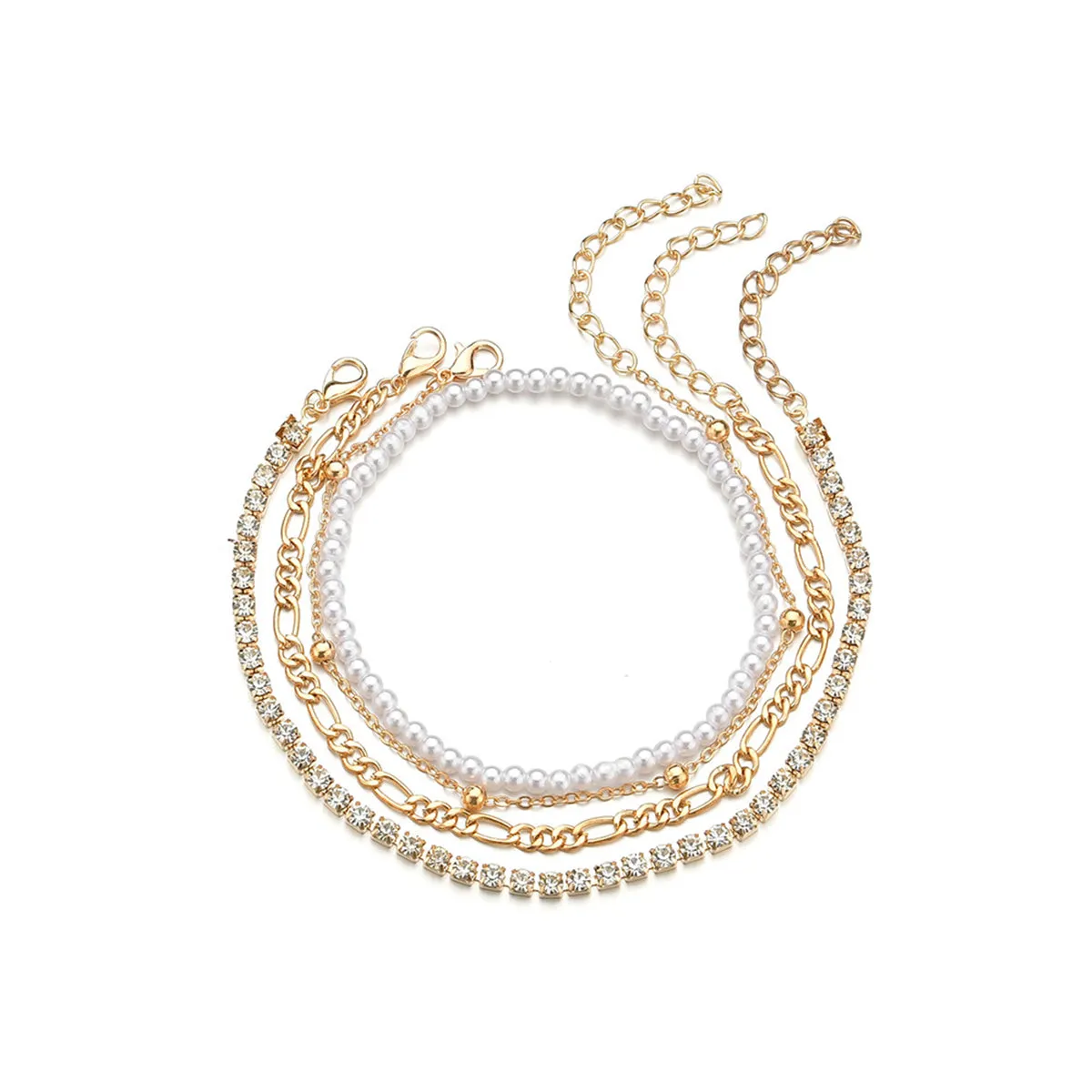 Pearl & Cubic Zirconia 18K Gold-Plated Four-Piece Beaded Stretch Anklet Set