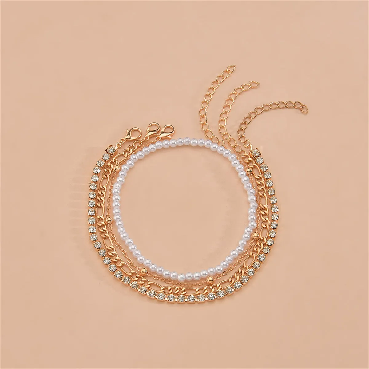 Pearl & Cubic Zirconia 18K Gold-Plated Four-Piece Beaded Stretch Anklet Set