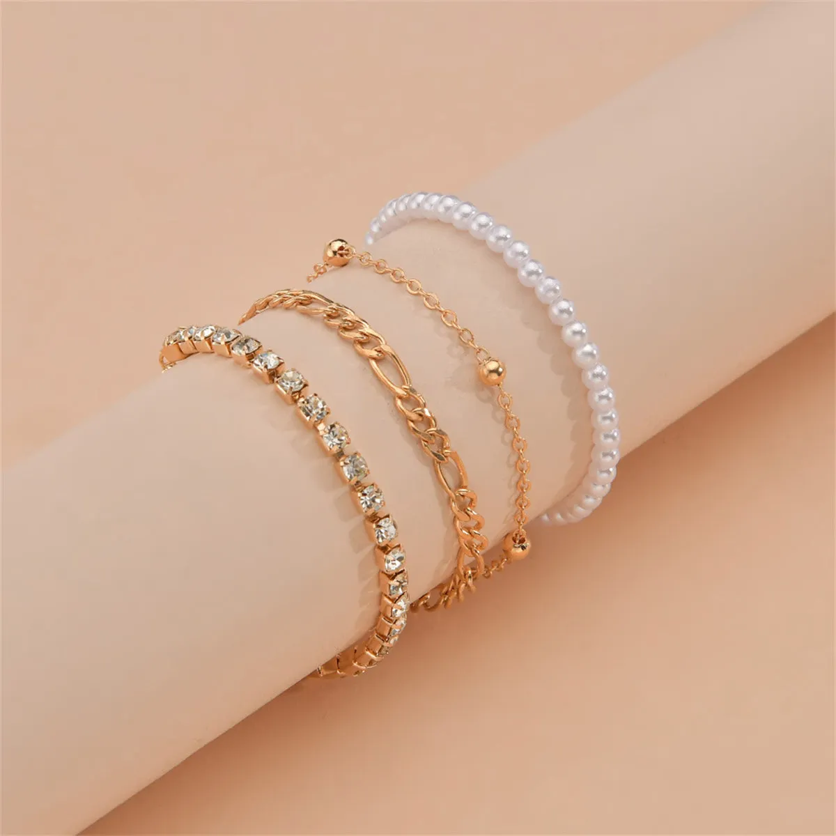 Pearl & Cubic Zirconia 18K Gold-Plated Four-Piece Beaded Stretch Anklet Set