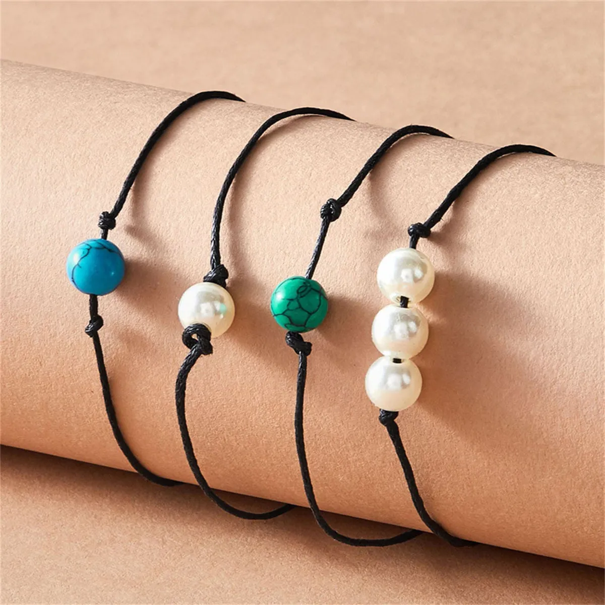 Pearl & Turquoise Adjustable Anklet Set