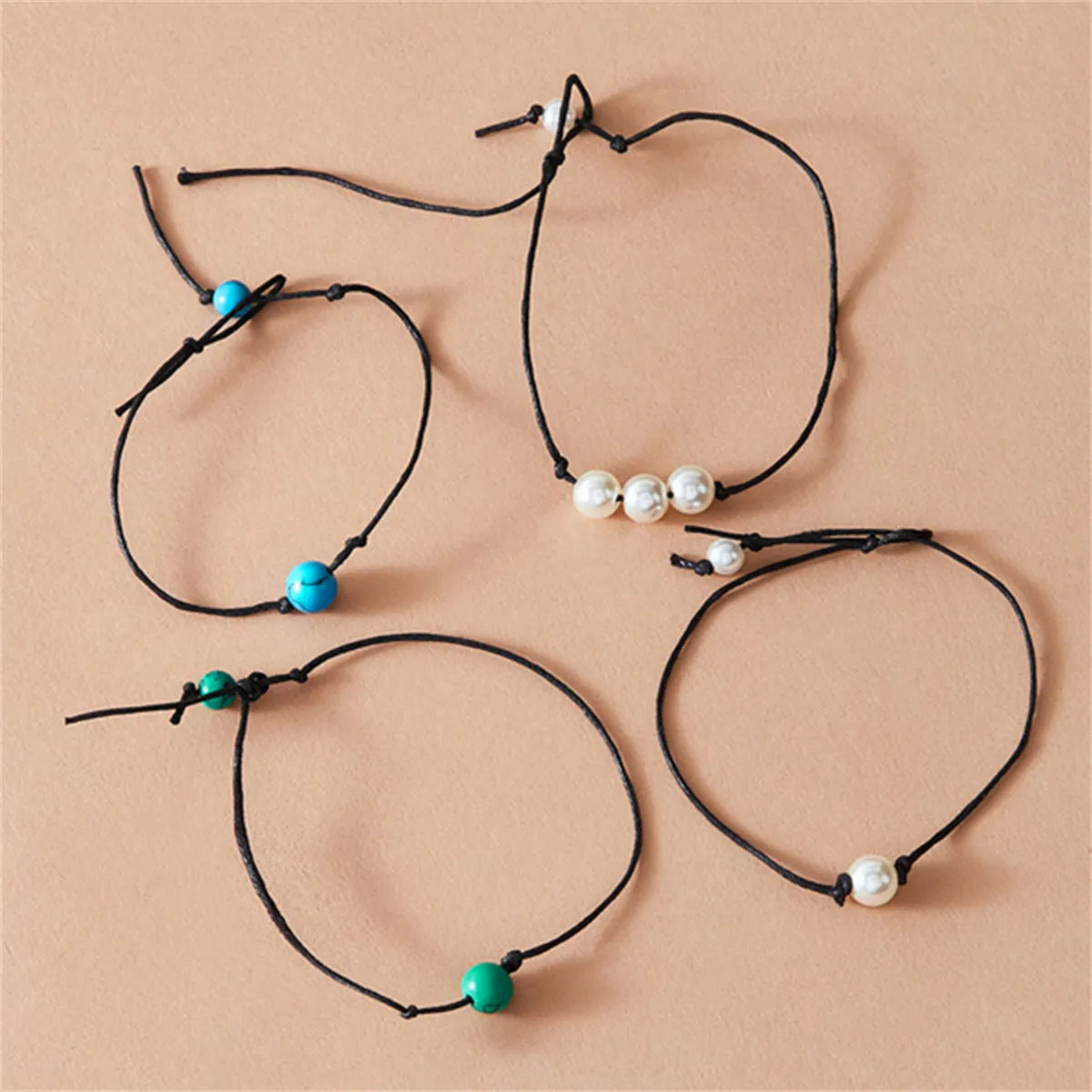 Pearl & Turquoise Adjustable Anklet Set
