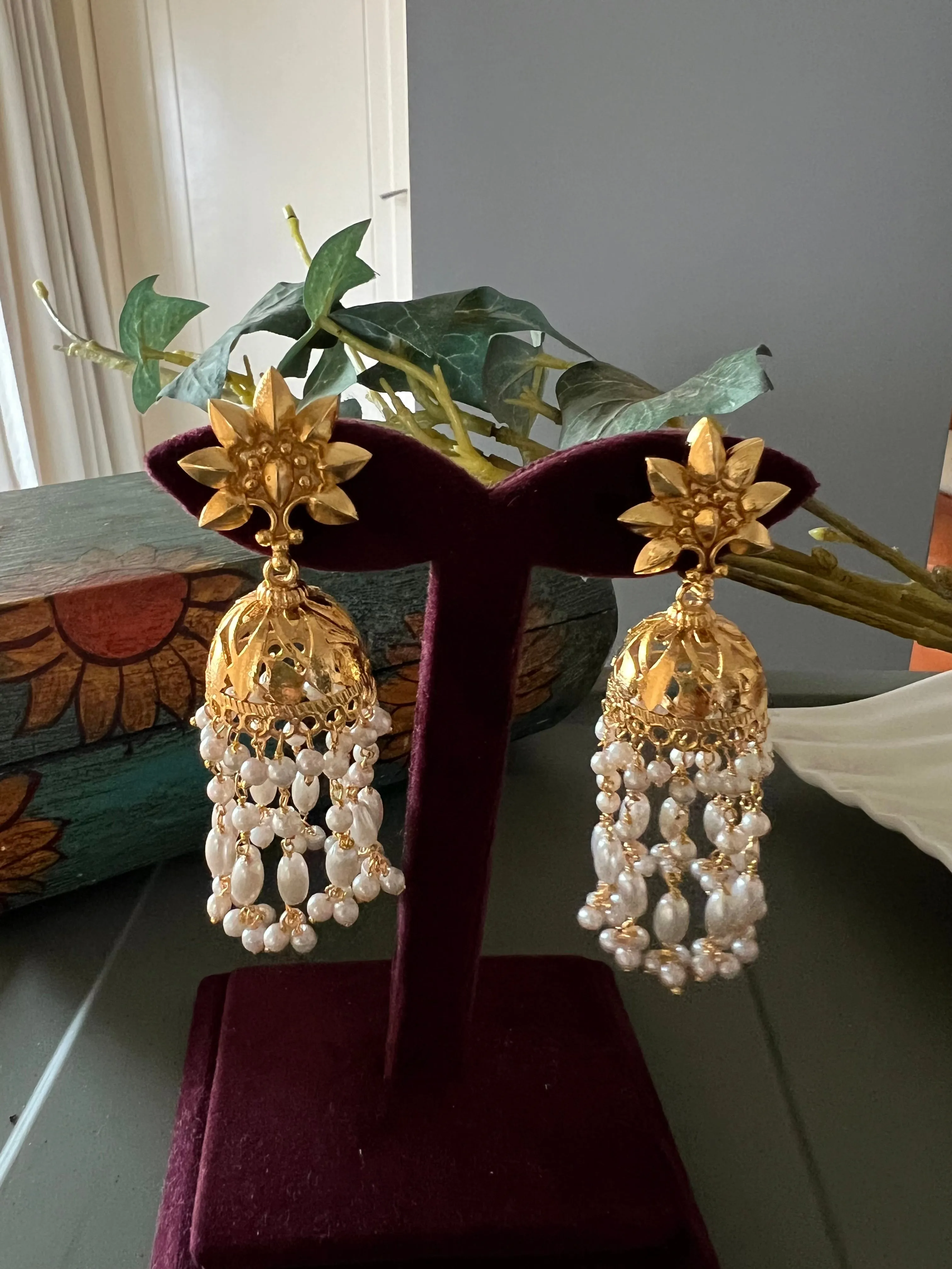 Pearl and Gold Tone Danglers - Perfect for Destination Weddings, Gold Replica