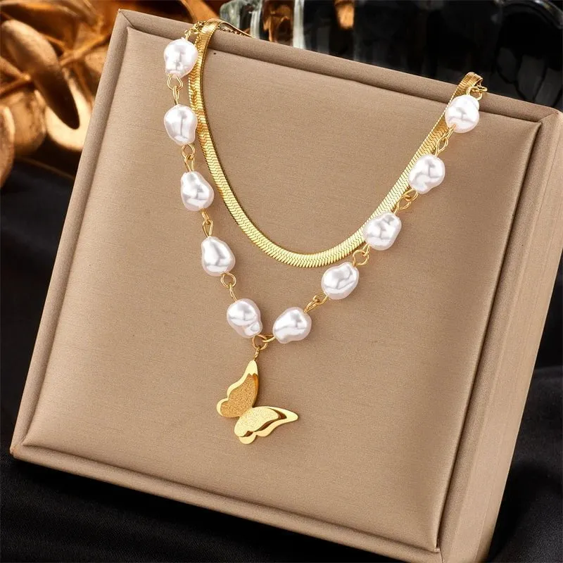 Pearl Butterfly Pendant Necklace: Fashionable 2-Layer Clavicle Chain