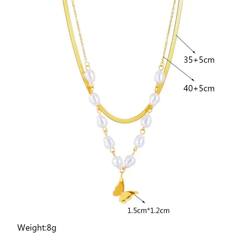 Pearl Butterfly Pendant Necklace: Fashionable 2-Layer Clavicle Chain