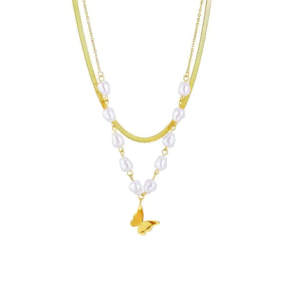 Pearl Butterfly Pendant Necklace: Fashionable 2-Layer Clavicle Chain