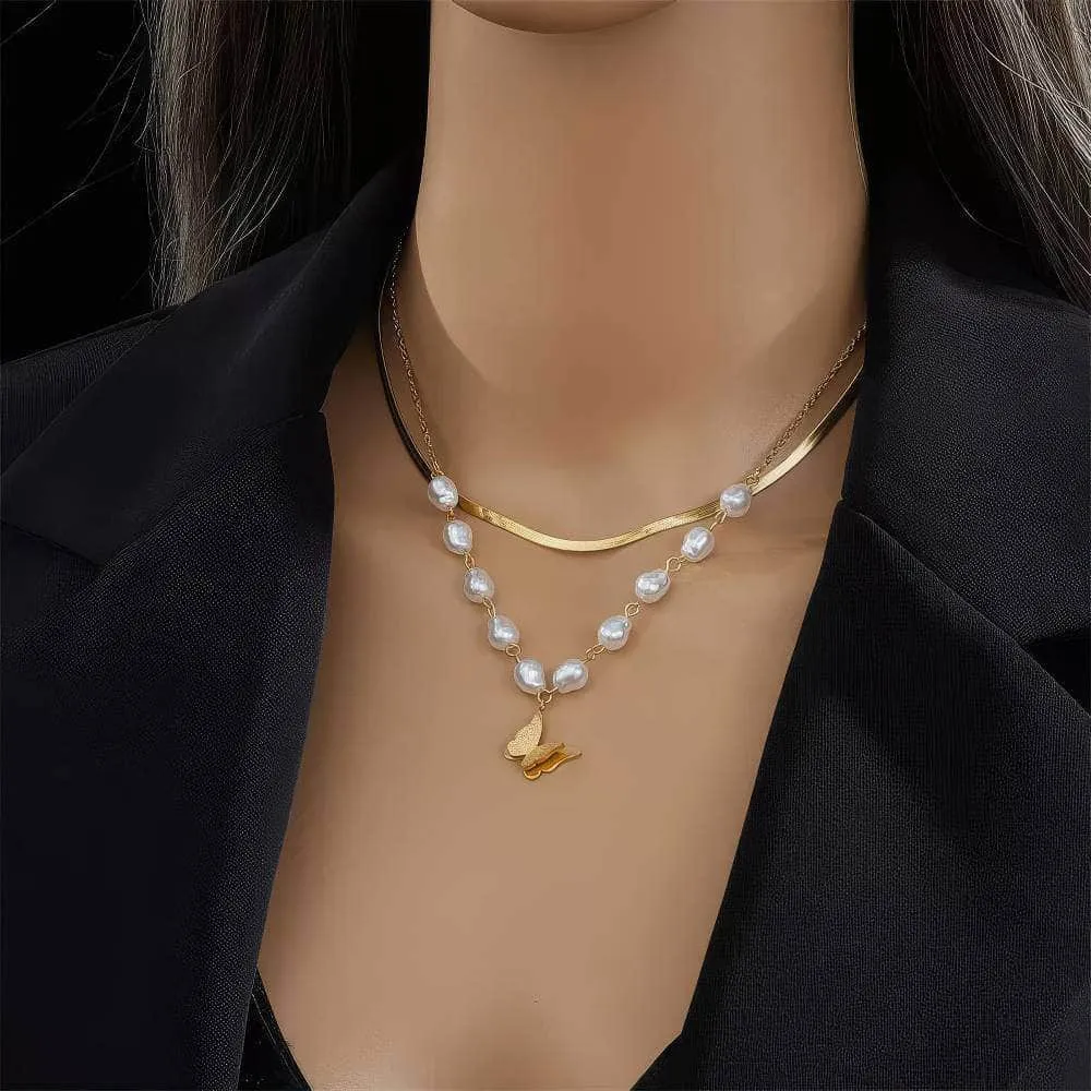 Pearl Butterfly Pendant Necklace: Fashionable 2-Layer Clavicle Chain