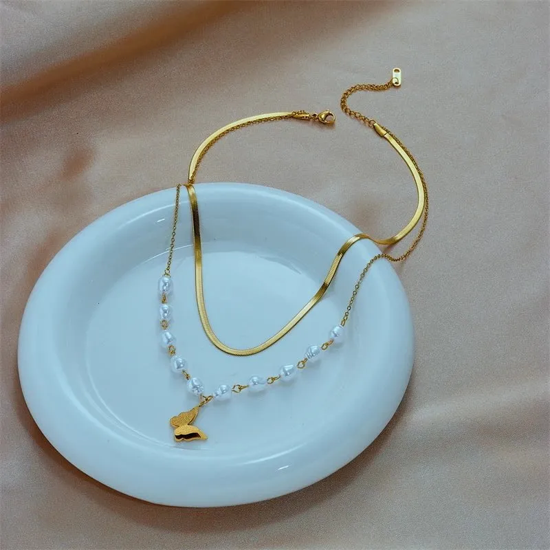 Pearl Butterfly Pendant Necklace: Fashionable 2-Layer Clavicle Chain