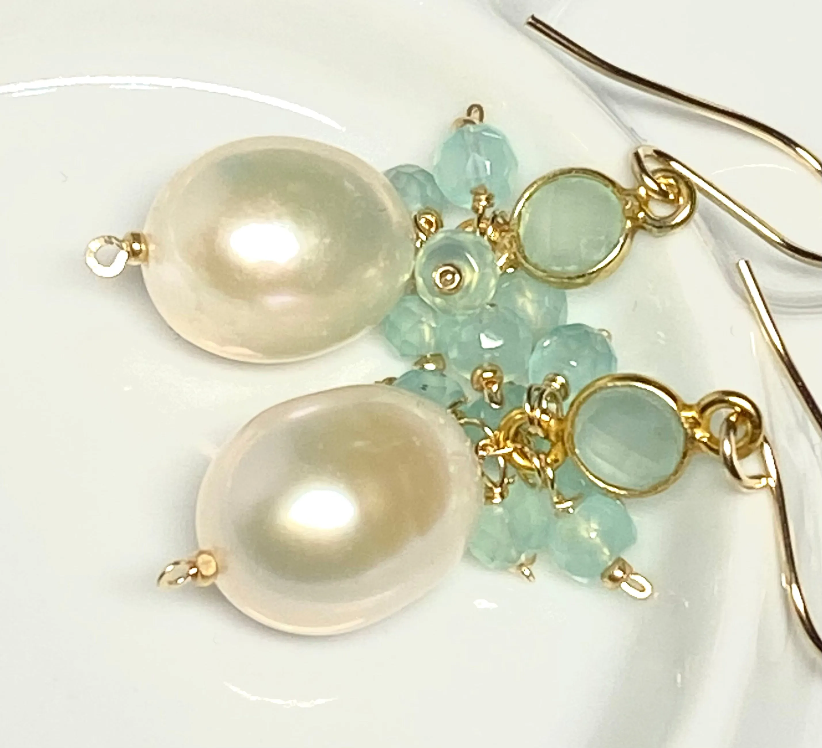 Pearl, Gemstone Cluster, Aqua and Dangle Earring