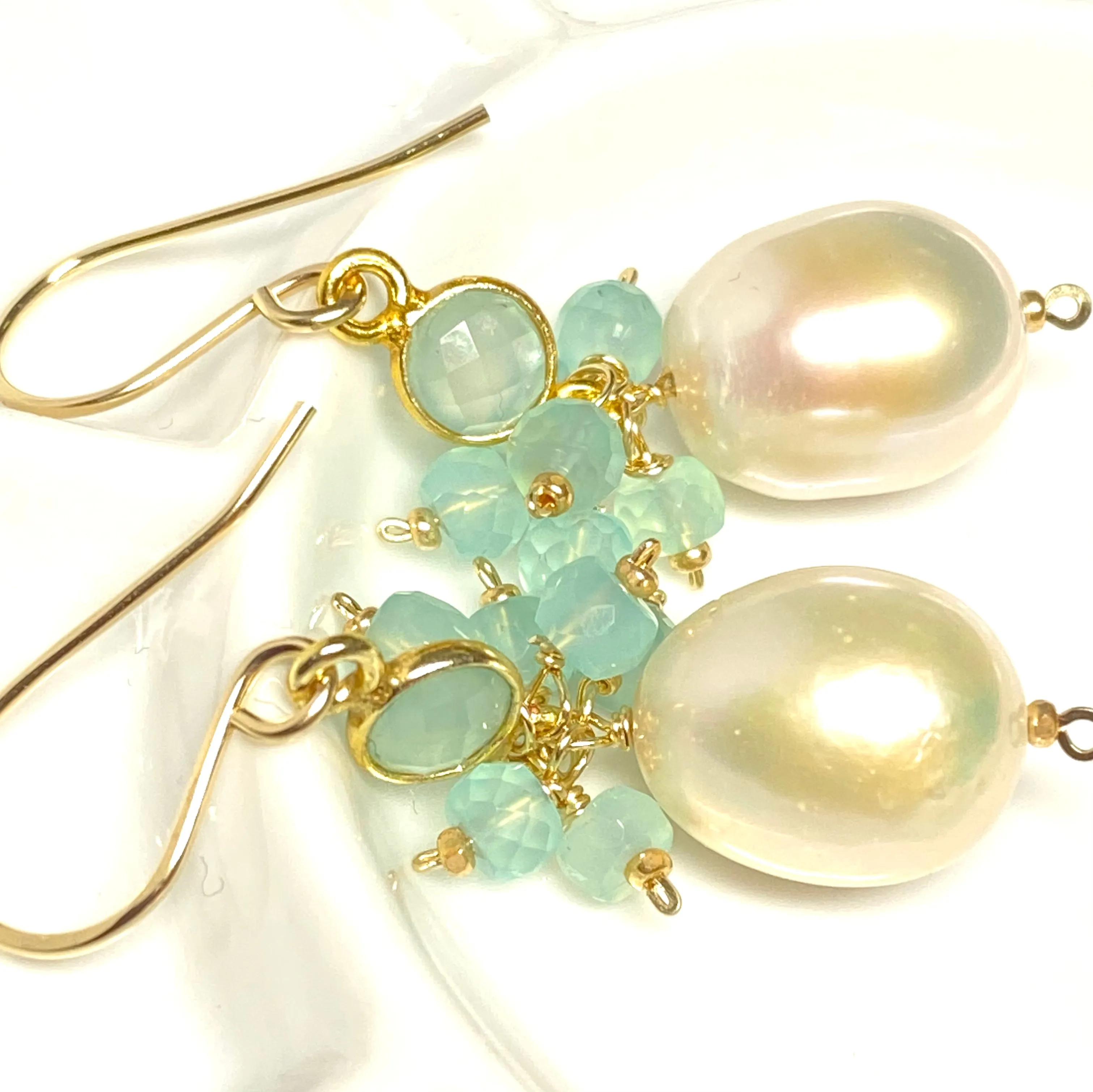 Pearl, Gemstone Cluster, Aqua and Dangle Earring