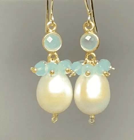 Pearl, Gemstone Cluster, Aqua and Dangle Earring