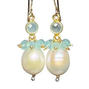 Pearl, Gemstone Cluster, Aqua and Dangle Earring