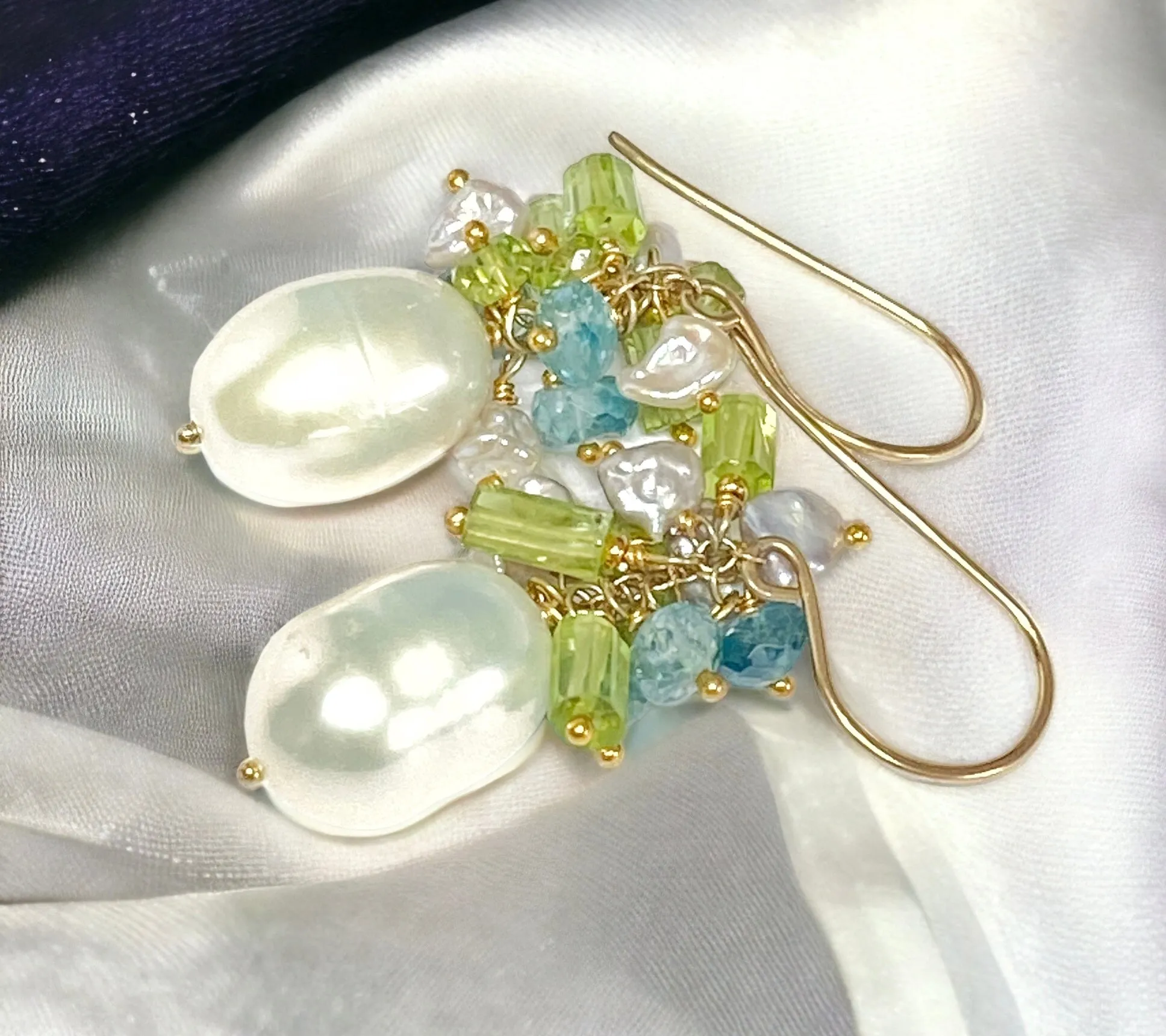 Pearl Peridot Crystal, Blue Zircon, Gray Keishi Pearl Cluster Earrings