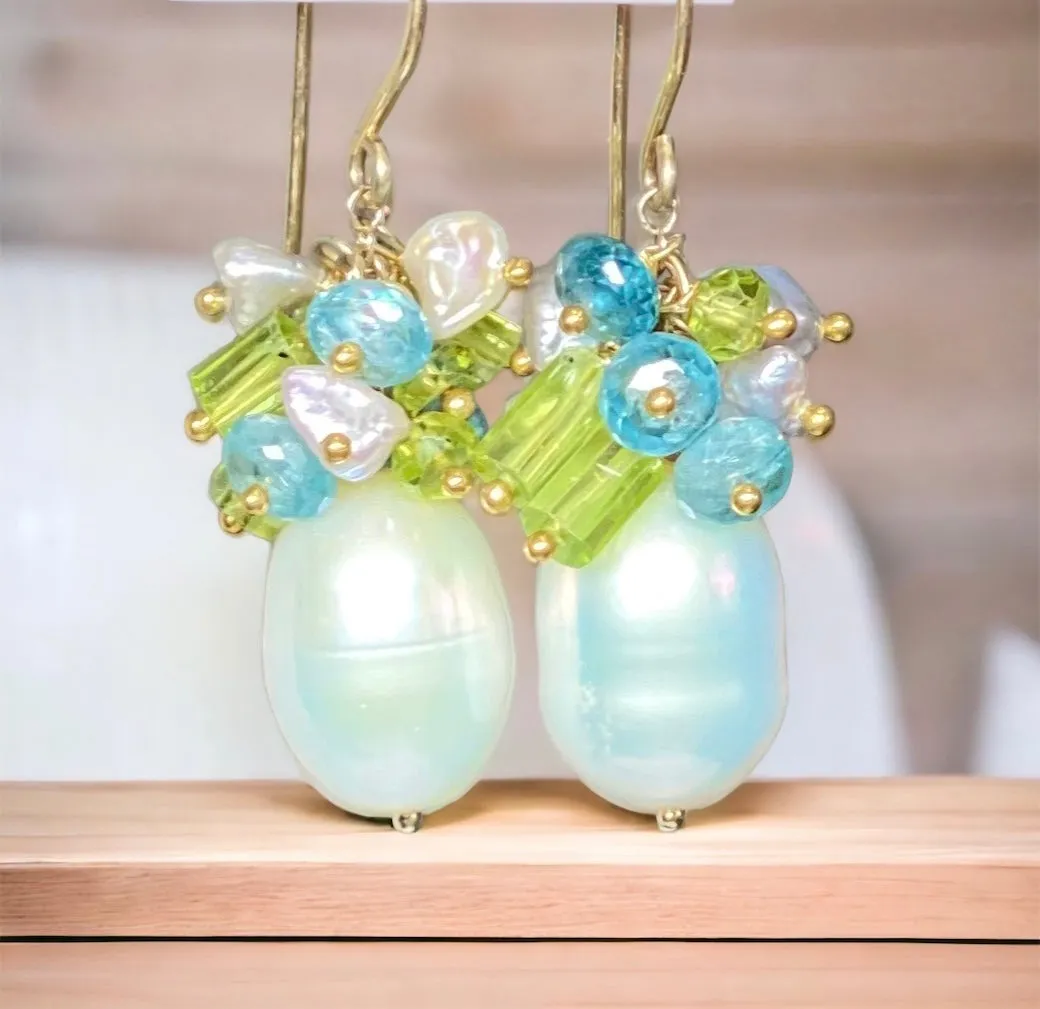 Pearl Peridot Crystal, Blue Zircon, Gray Keishi Pearl Cluster Earrings