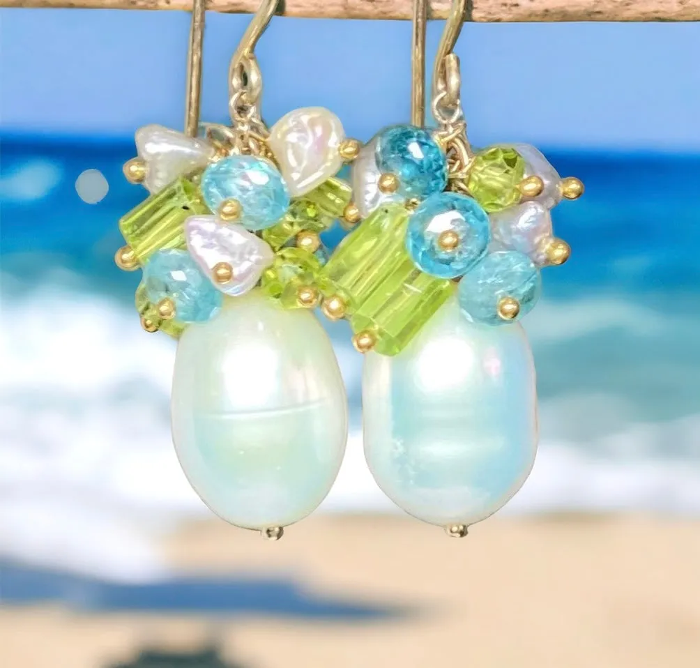 Pearl Peridot Crystal, Blue Zircon, Gray Keishi Pearl Cluster Earrings