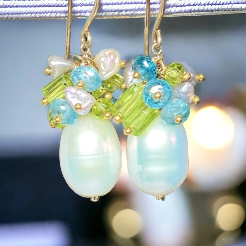 Pearl Peridot Crystal, Blue Zircon, Gray Keishi Pearl Cluster Earrings