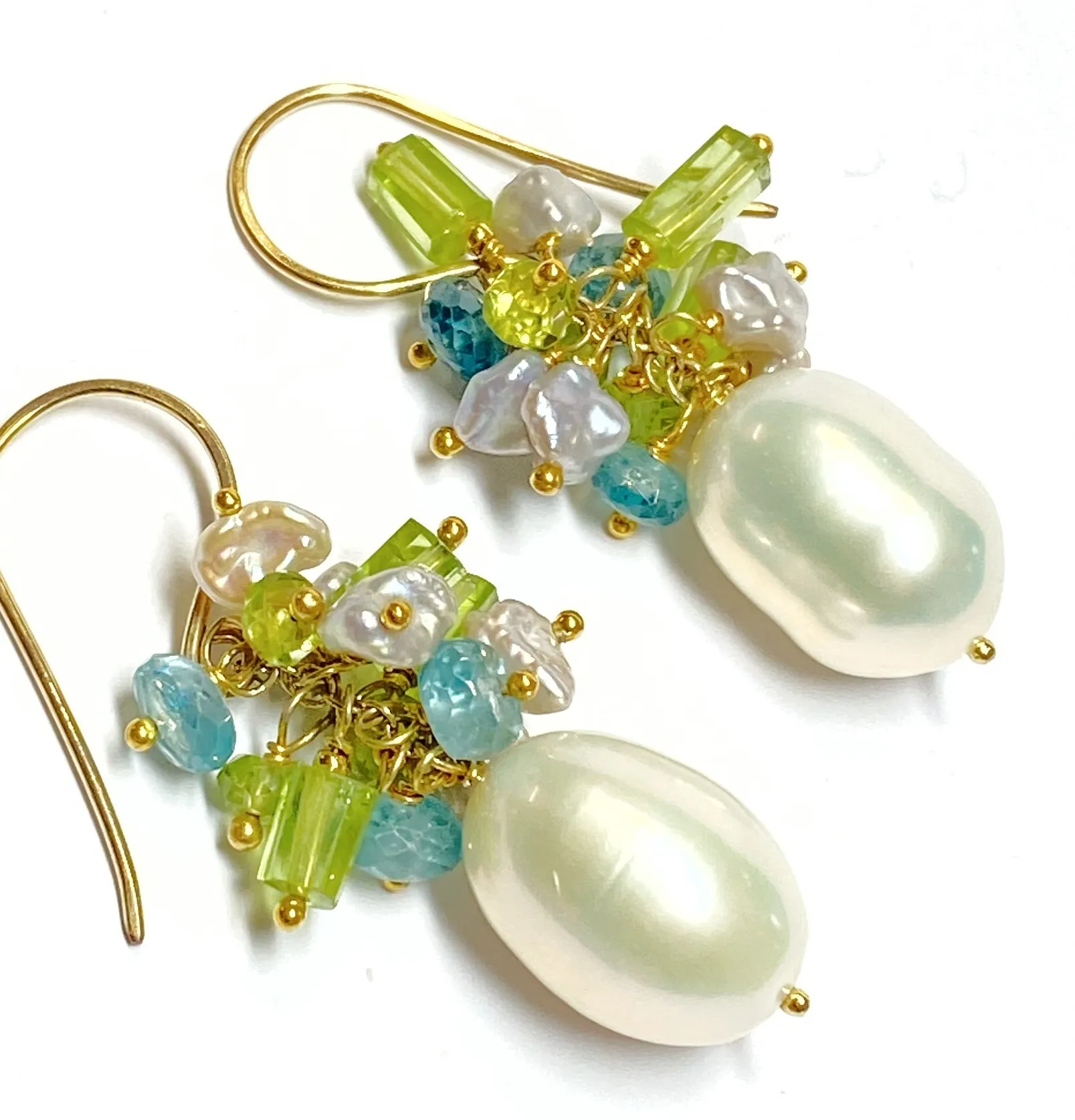 Pearl Peridot Crystal, Blue Zircon, Gray Keishi Pearl Cluster Earrings