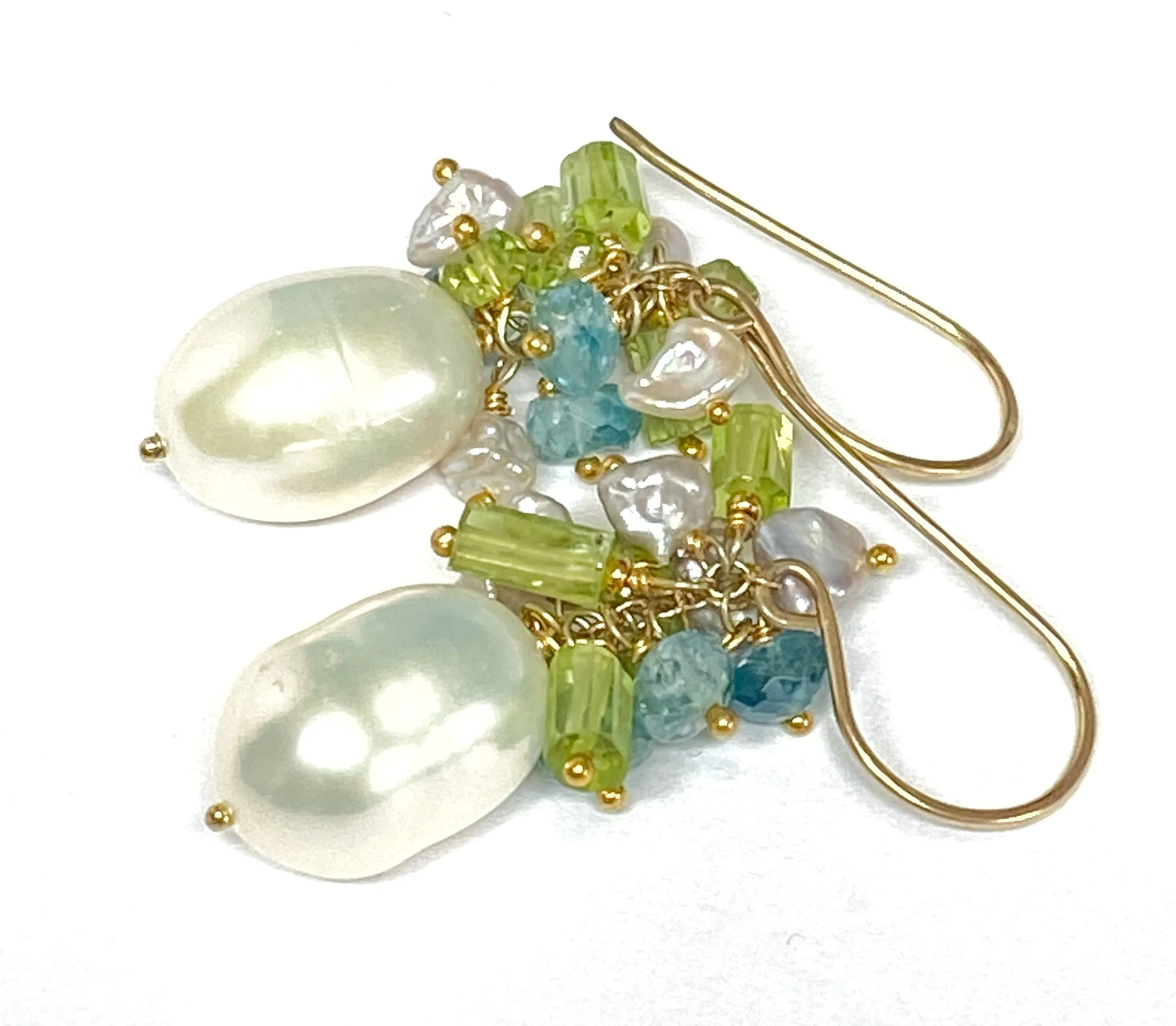 Pearl Peridot Crystal, Blue Zircon, Gray Keishi Pearl Cluster Earrings