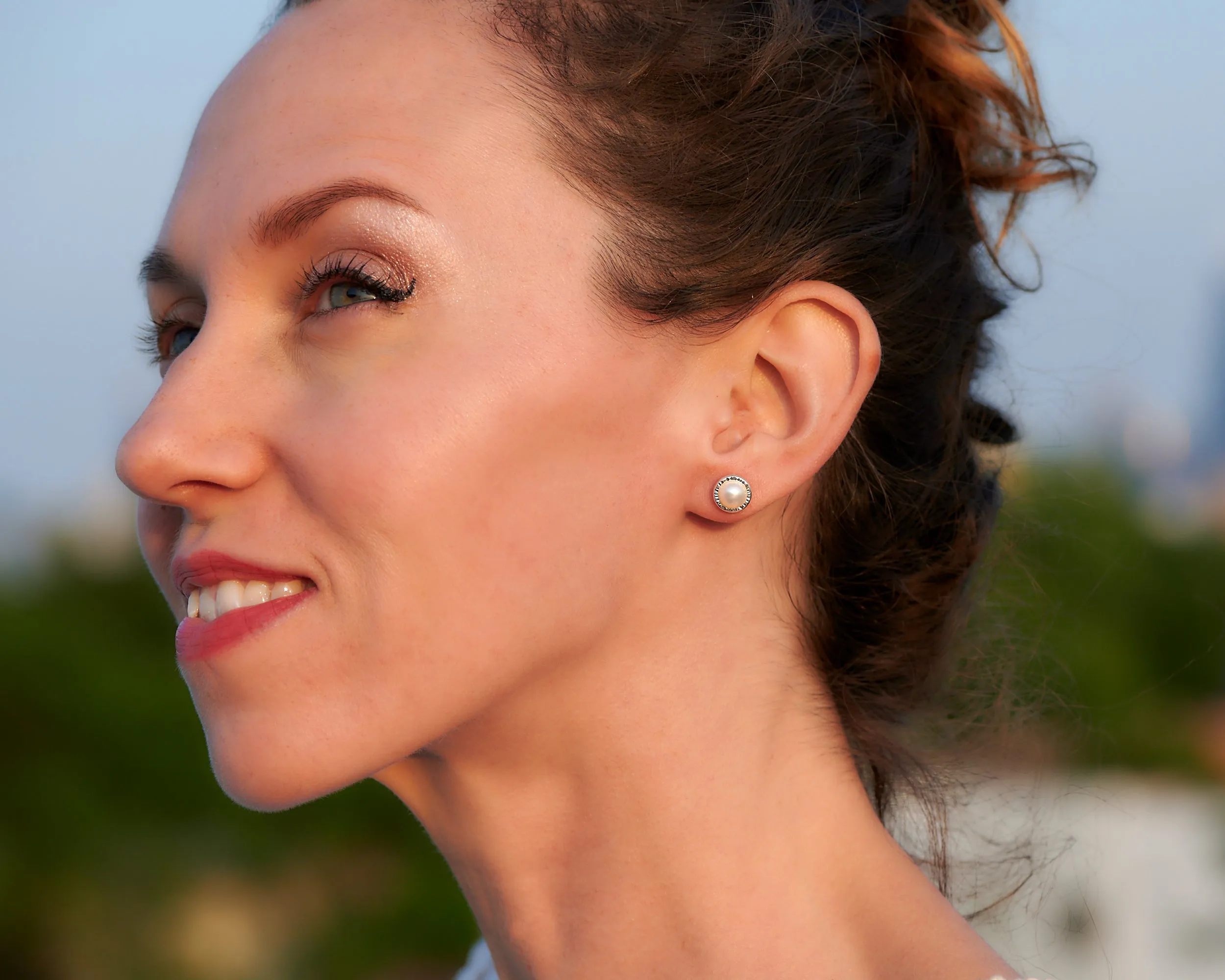 Pearl Stud Earrings - Hammered