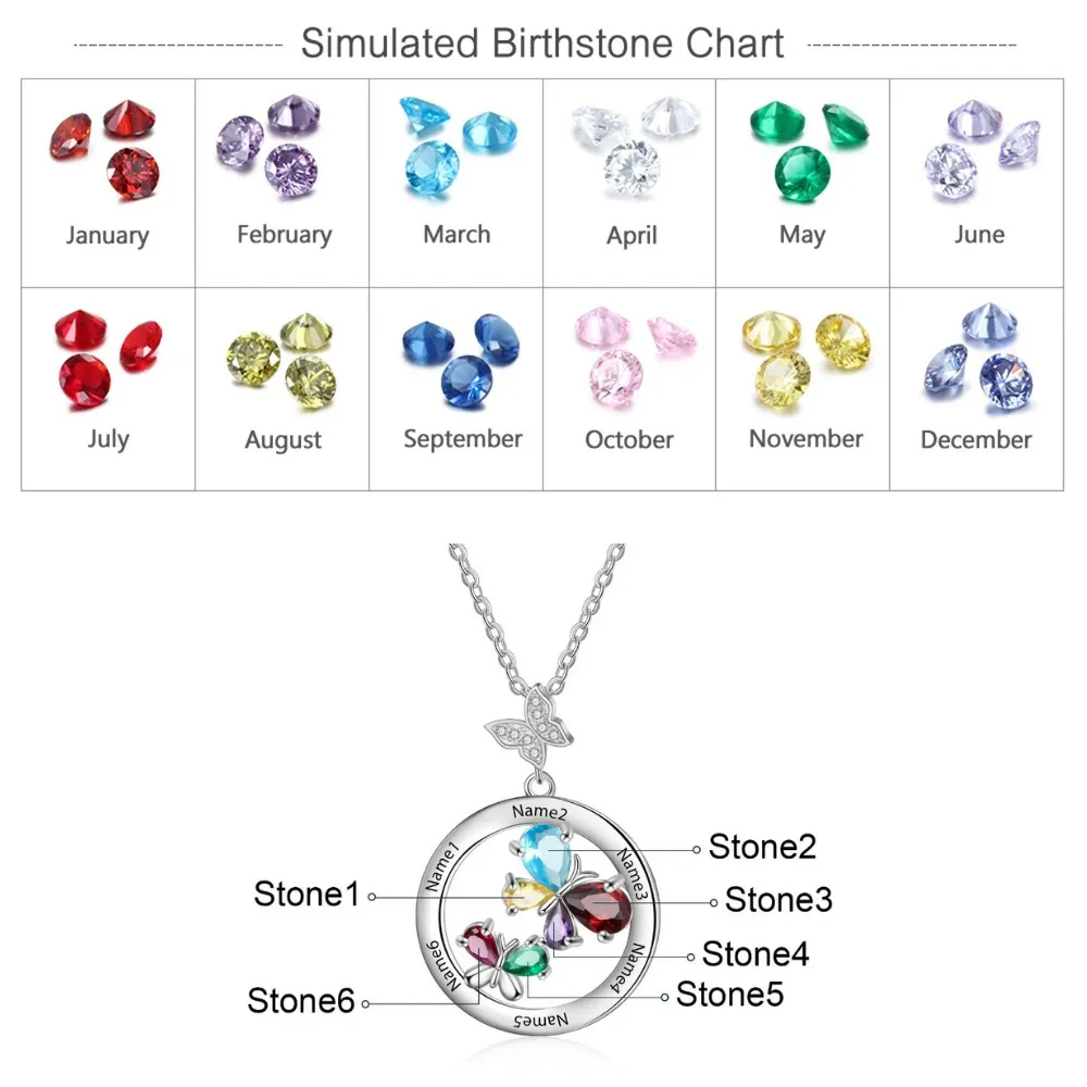 Personalized 6 Names And Stones Engraved Butterfly Necklace