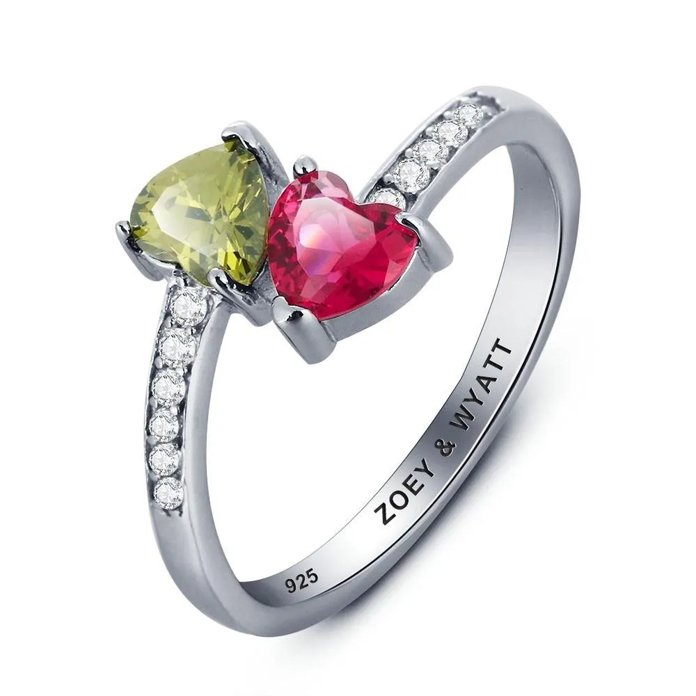 Personalized 925 Sterling Silver Promise Ring, Customize Cubic Zirconia Heart Birthstone & Engrave Name