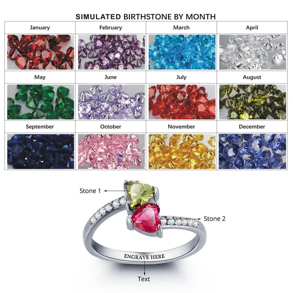 Personalized 925 Sterling Silver Promise Ring, Customize Cubic Zirconia Heart Birthstone & Engrave Name