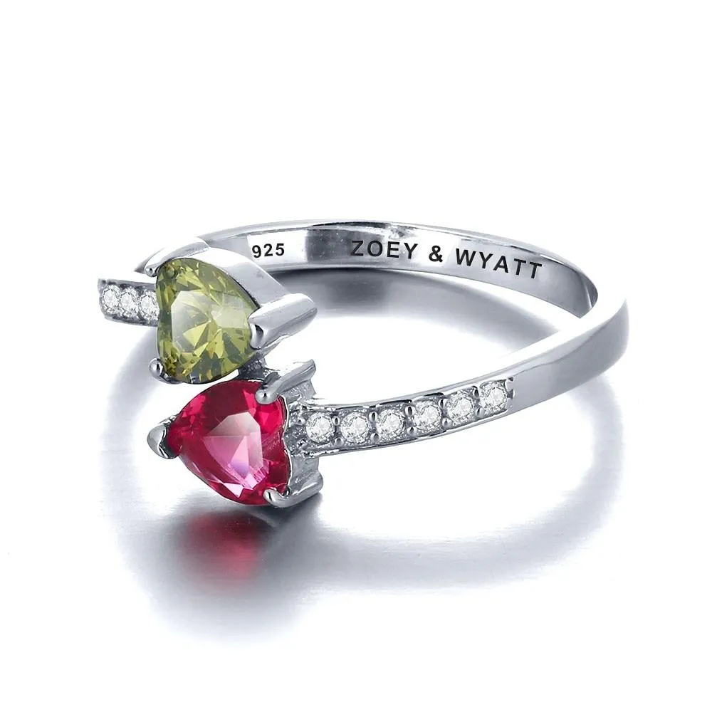 Personalized 925 Sterling Silver Promise Ring, Customize Cubic Zirconia Heart Birthstone & Engrave Name