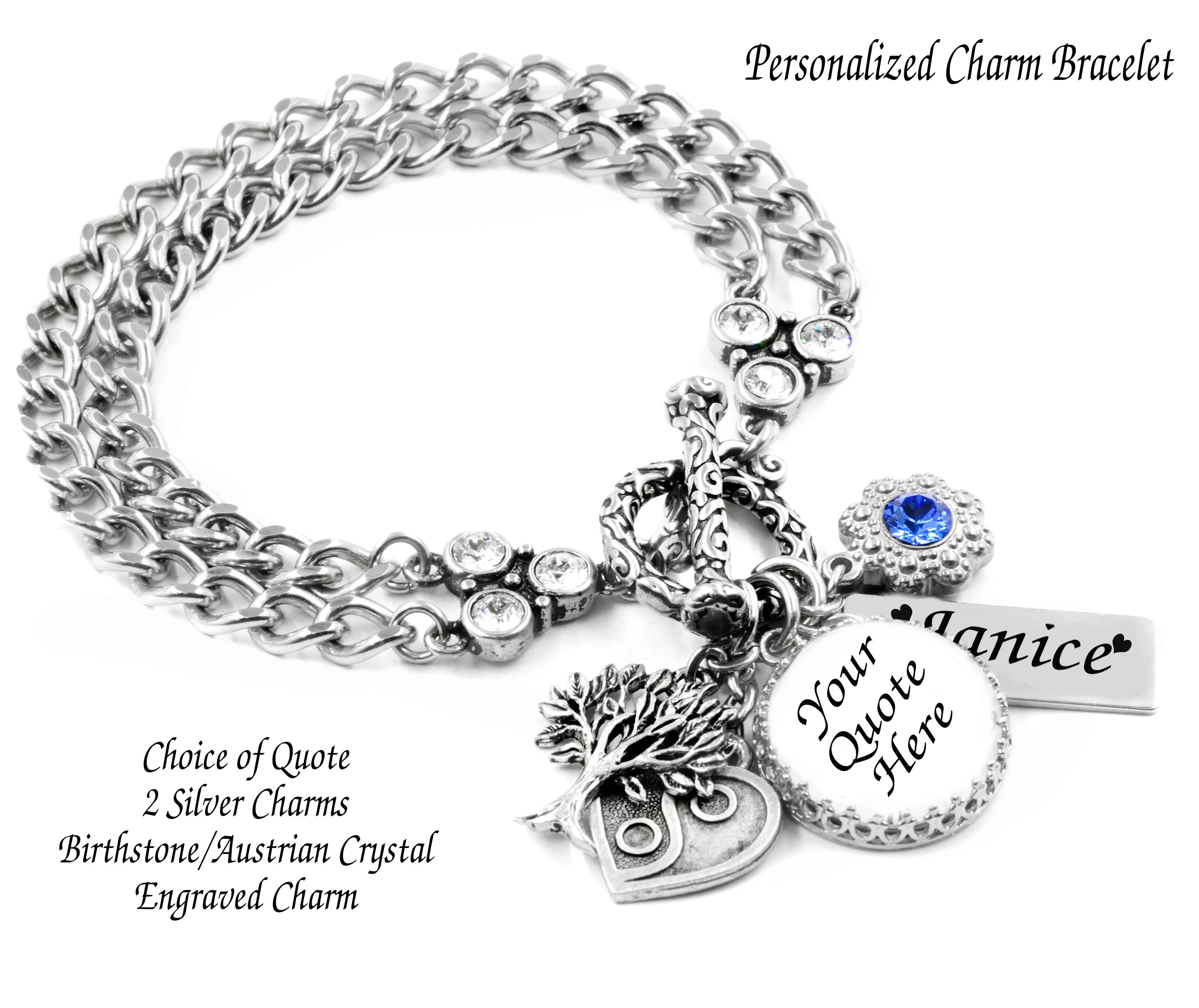 Personalized Charm Bracelet, Custom Engraving, Charms, Quote