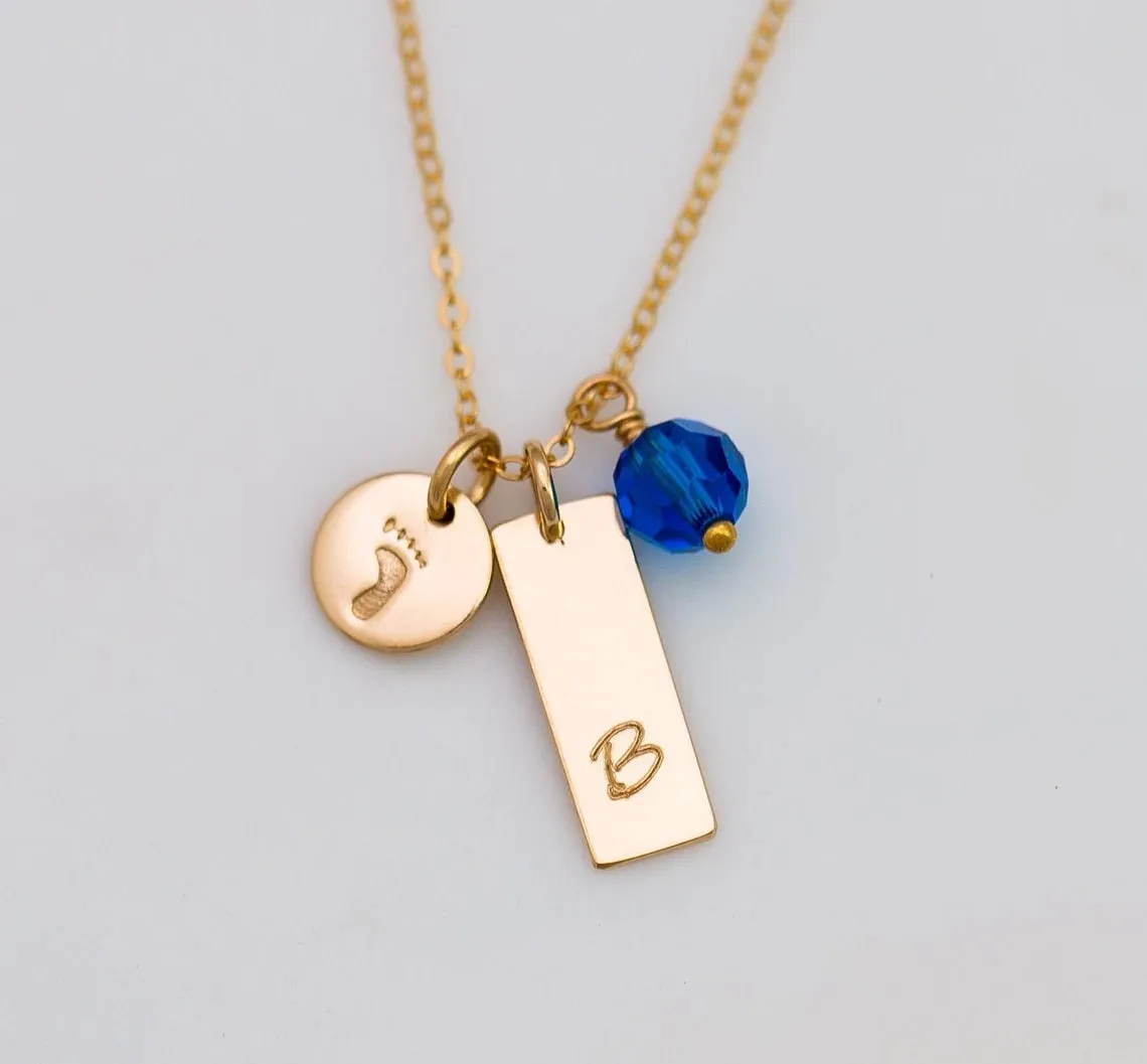 Personalized Name Bar Necklace, Birthstone Necklace and Baby Foot Charm