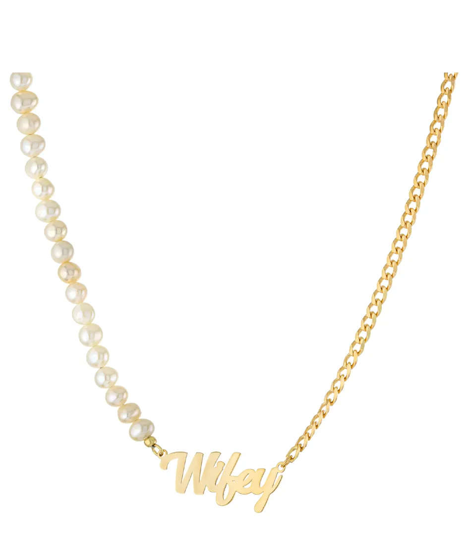 Personalized Pearl and Curblink Chain Name Necklace