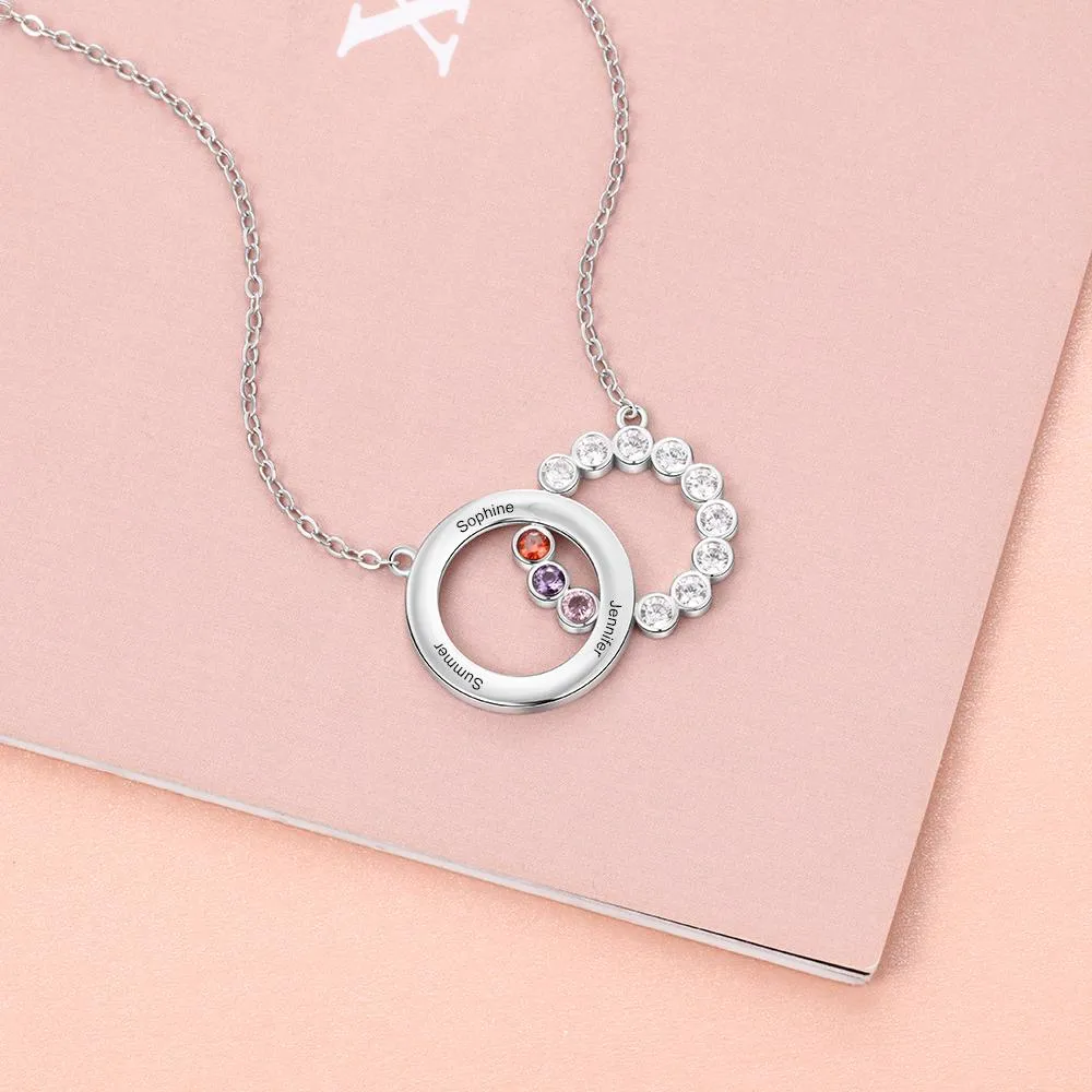 Personalized Women’s 925 Sterling Silver Family Necklace with 3 Names Circle & Custom Birthstones Pendant, Classic Jewelry for Mother