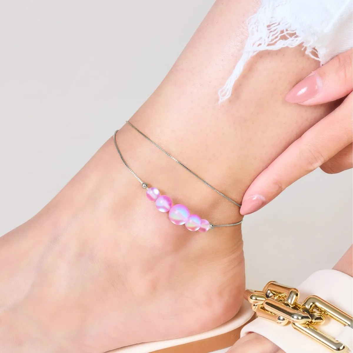 Pink | .925 Sterling Silver | Mermaid Glass Infinity Clasp Anklet