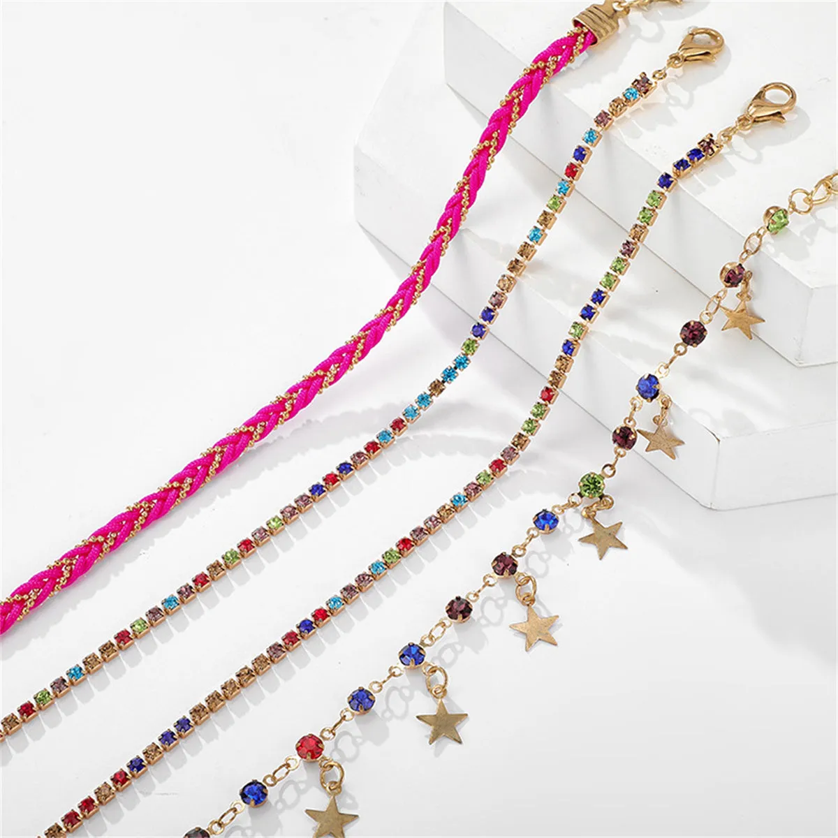 Pink & 18K Gold-Plated Star Anklet Set