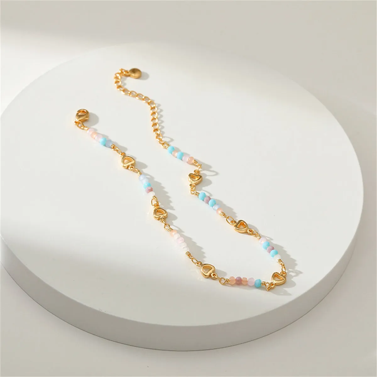 Pink Bead & 18K Gold-Plated Copper Heart Station Anklet