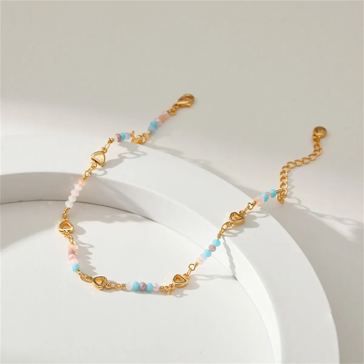 Pink Bead & 18K Gold-Plated Copper Heart Station Anklet