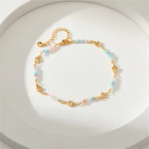 Pink Bead & 18K Gold-Plated Copper Heart Station Anklet